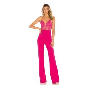 Lovers + Friends NWT Roxy Bustier Lace Flare Leg Jumpsuit Hot Pink Small